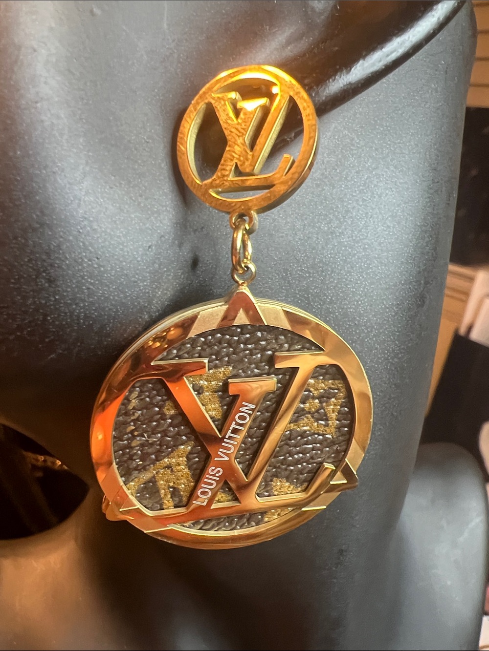 Gold and Brown Monogram Drop Earrings